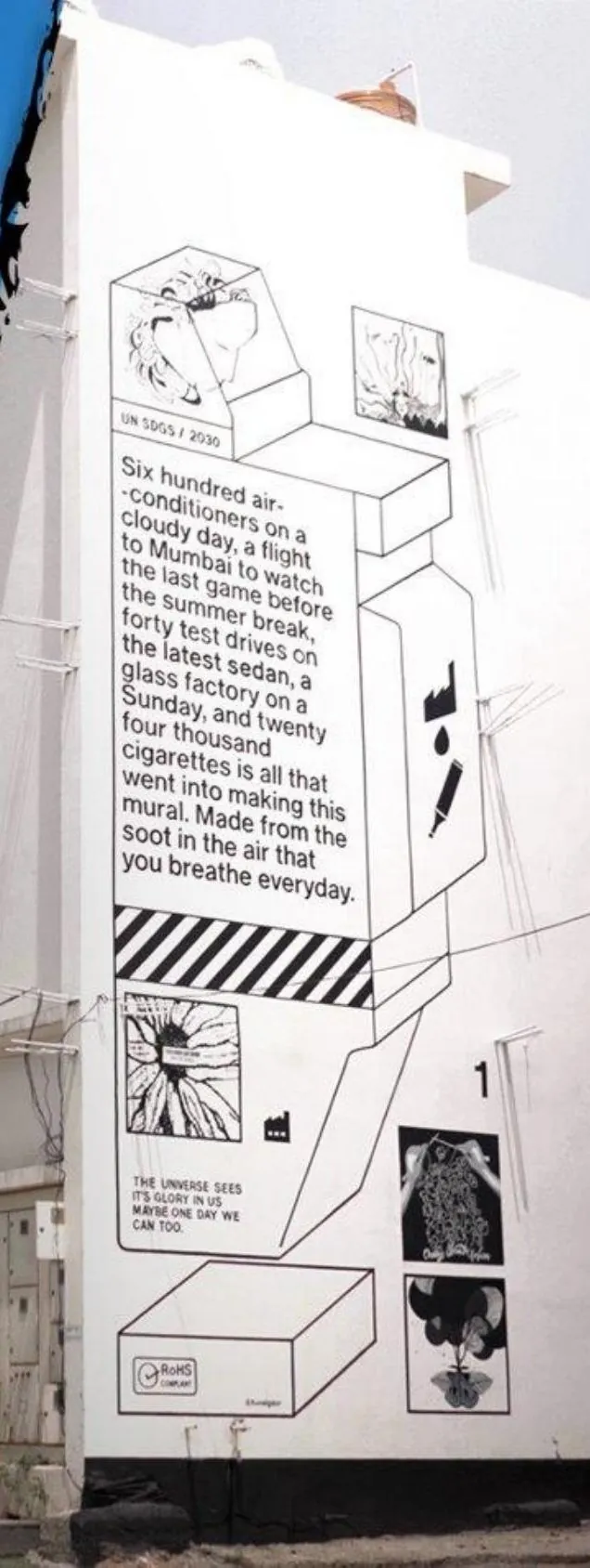 The pollution-ink mural on a building in Delhi