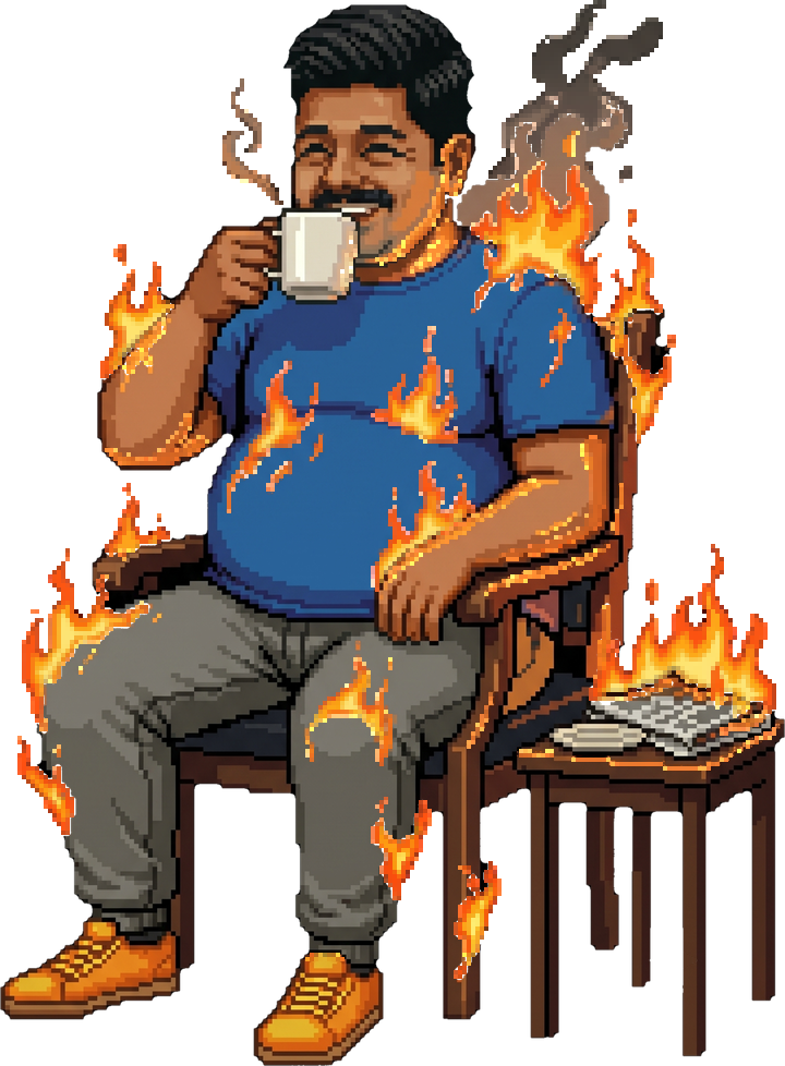 Pixel-art Rahul calmly sipping tea while on fire