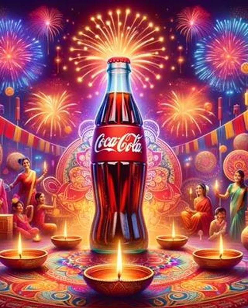 An AI-generated #MagicWaaliDiwali card: a Coca-Cola bottle among diyas and fireworks